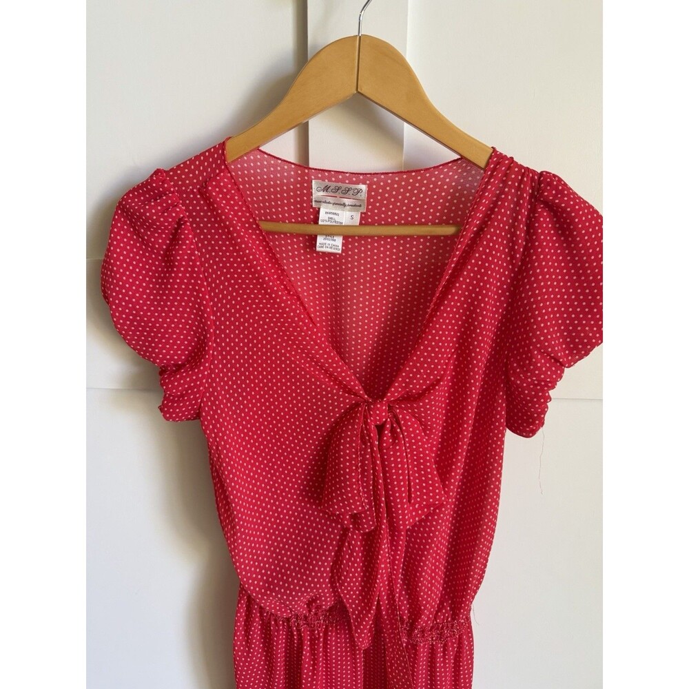 Women’s MSSE Red And White Polka Dot Dress Puff Sleeve Front Tie Size Small